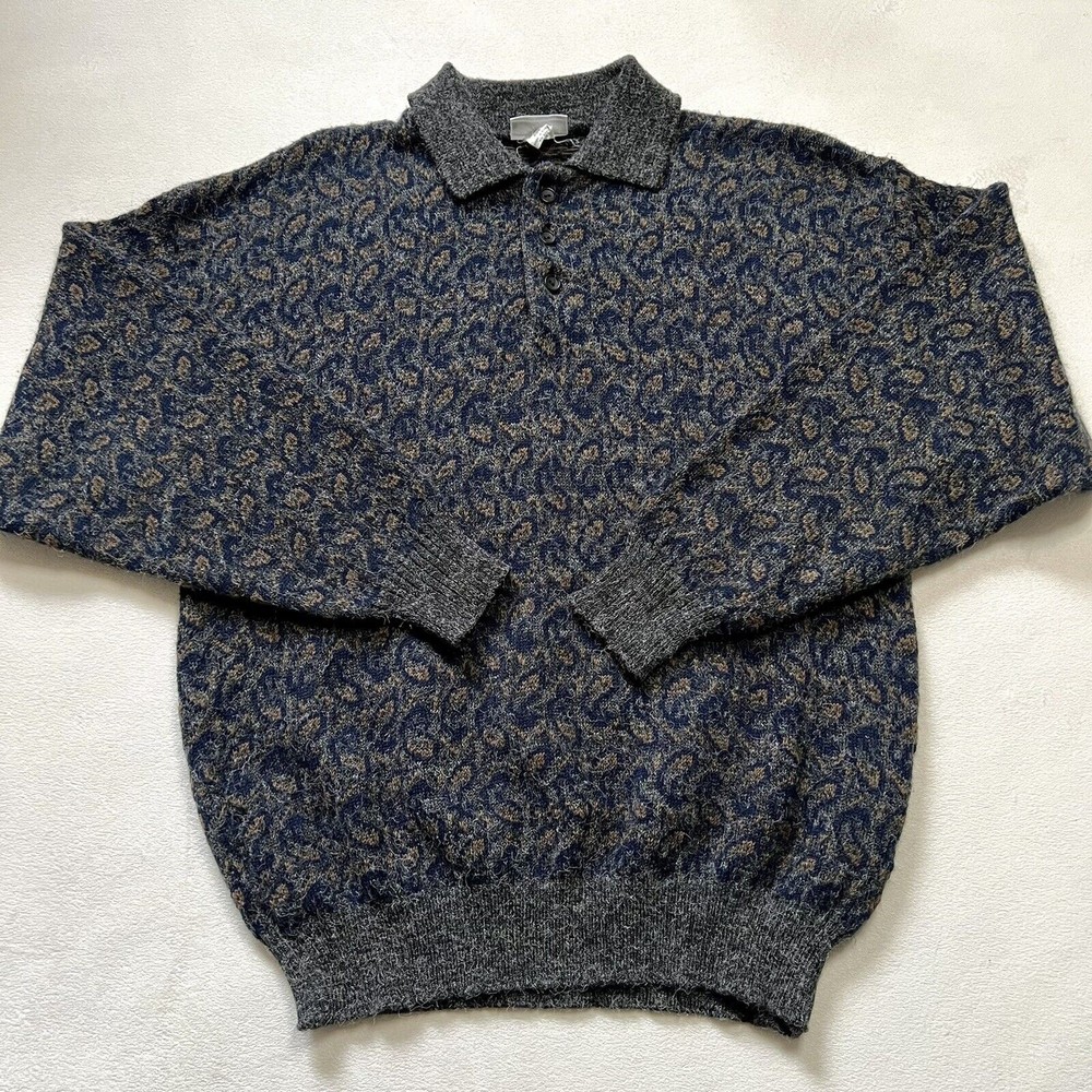 Vintage Men’s M Medium Peter Werth Paisley Henley Sweater Navy Grandpa Hipster